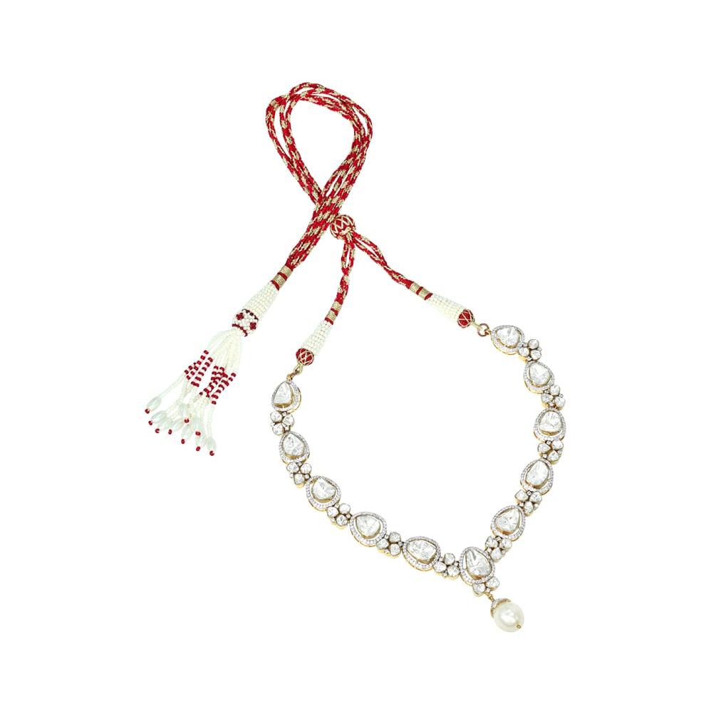 Teardrop Polki Necklace with Diamonds and Pearl Drop
